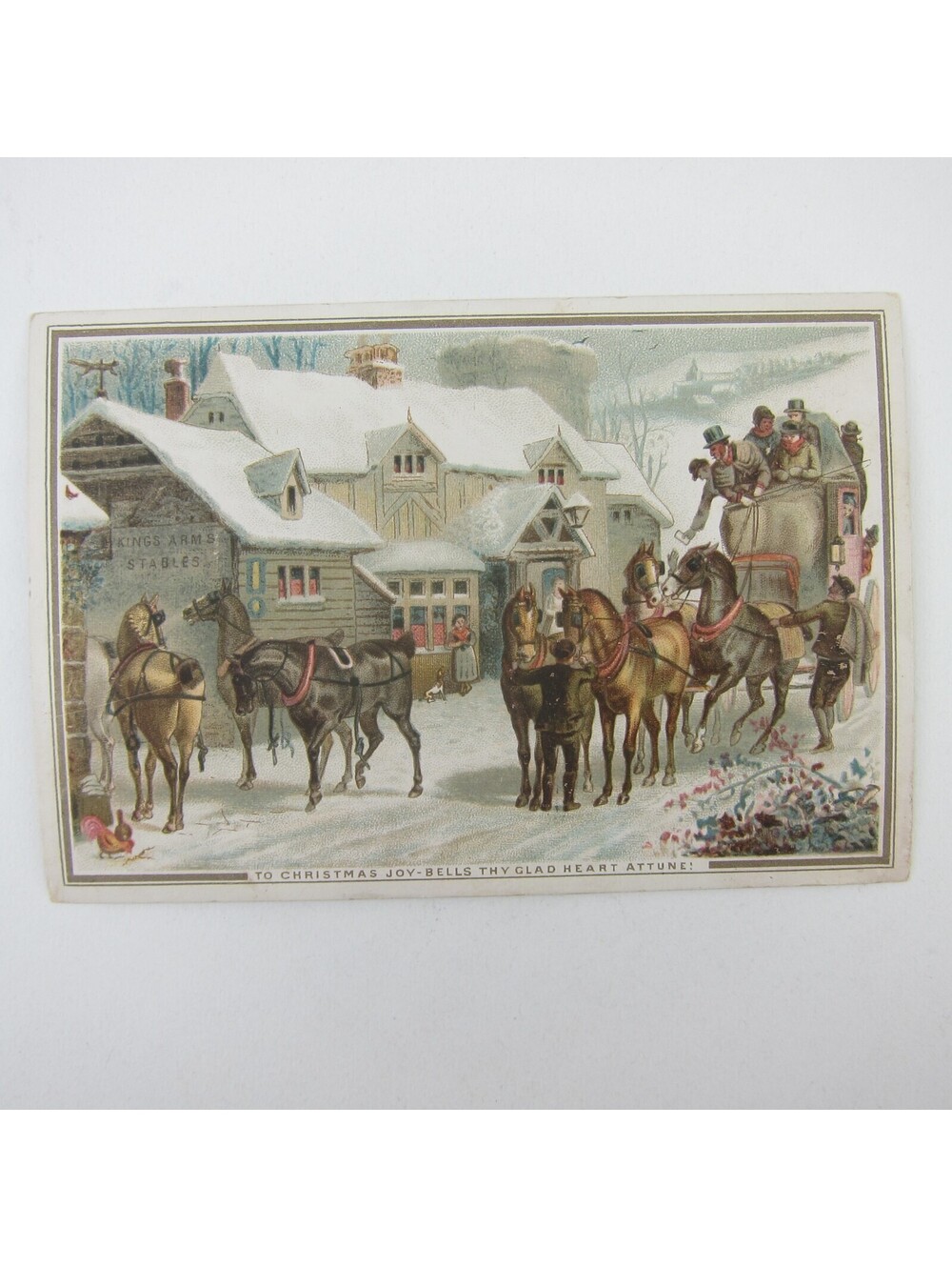 Victorian Greeting Card Christmas Stagecoach Horses Snowy Stables Antique